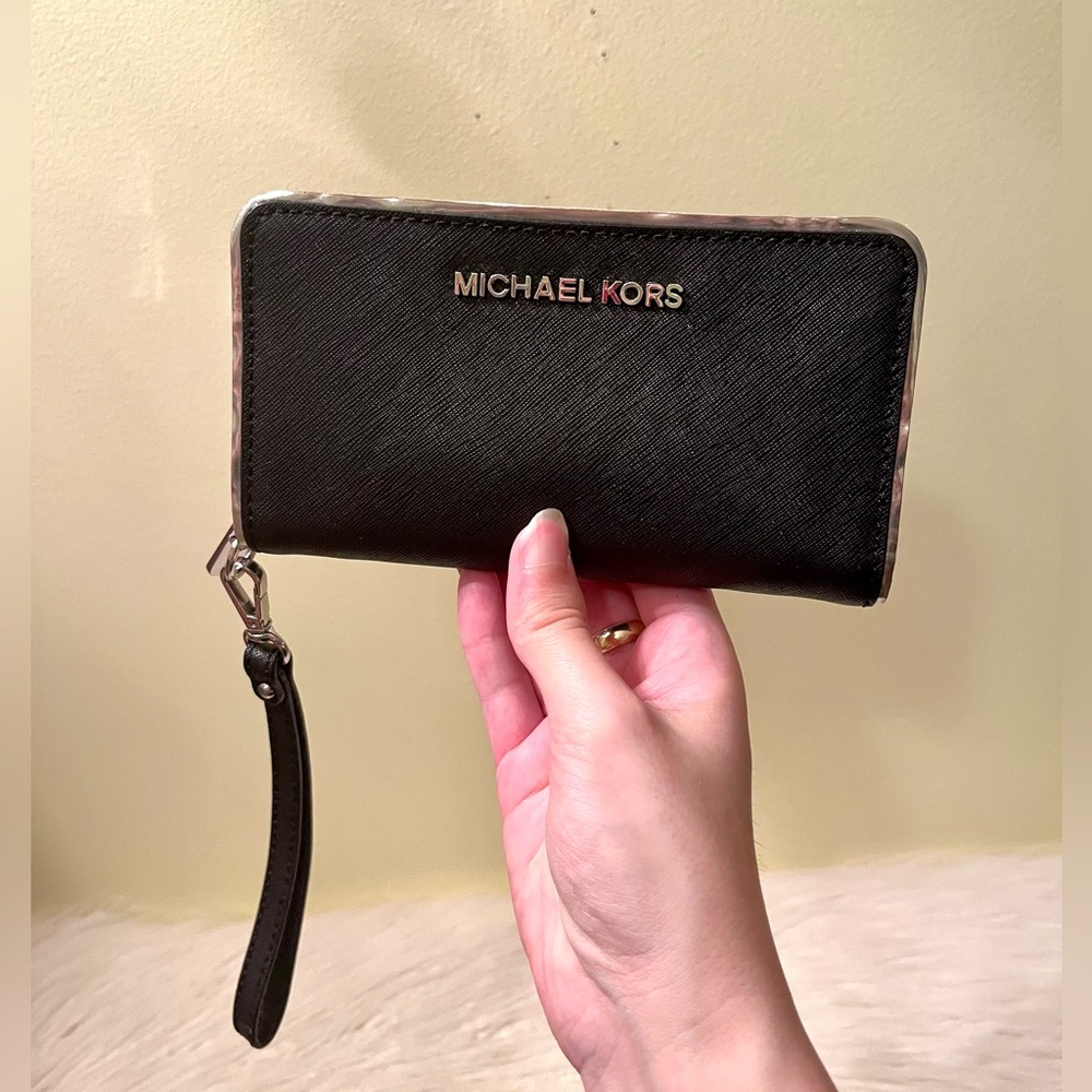 MICHAEL KORS Specchio Saffiano Leather Jet Set Travel Wallet Wristlet Med Black - Picture 3 of 6